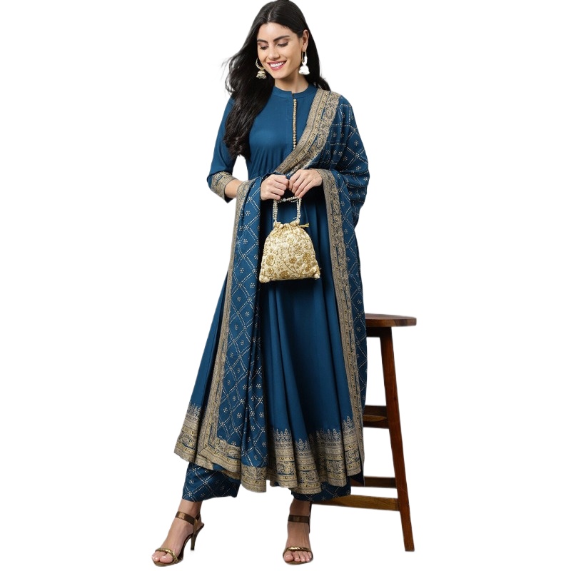Salwar Kameez Set - ชุดคุर्ตาสตรีแบบอินเดีย ผ้าฝ้ายผสมไหมพิมพ์ลายสีน้ำเงิน ชุดฤดูร้อนแบบดั้งเดิม ซัลวาร์ คามีซ ชุด