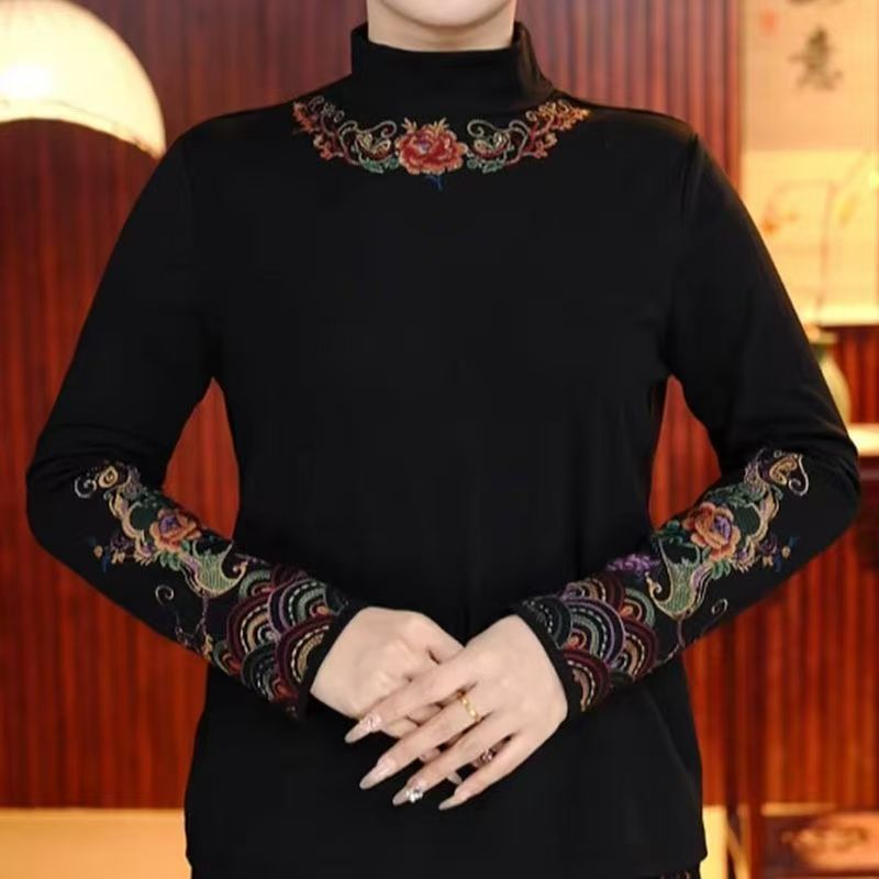 Winter Ethnic Fashion For Women - เสื้อเชิ้ตแขนยาวผ้าฝ้ายสำหรับผู้หญิงฤดูใบไม้ร่วงฤดูหนาว, เสื้อยืดแฟชั่นสไตล์จีนแบบใหม่ปักลายคอเต่าครึ่งตัวสไตล์ชาติพันธุ์ย้อนยุค
