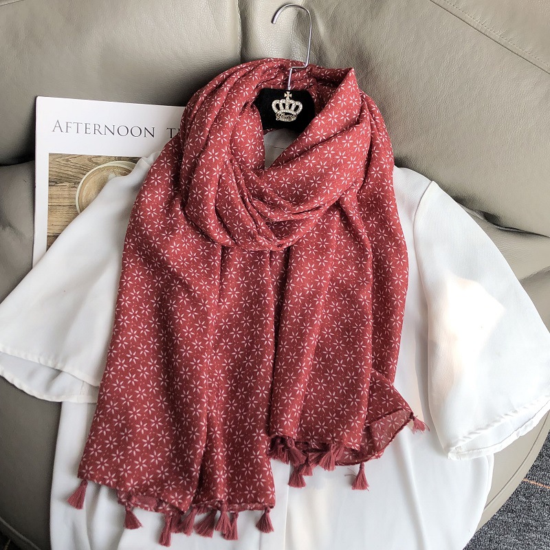 Winter Ethnic Fashion For Women - ผ้าพันคอฝ้ายลินินสไตล์ชนเผ่าวินเทจของผู้หญิงใหม่ผ้าคลุมไหล่เดินทางสไตล์โบฮีเมียน syal Sutra ขอบดาวหกแฉกสีทึบ