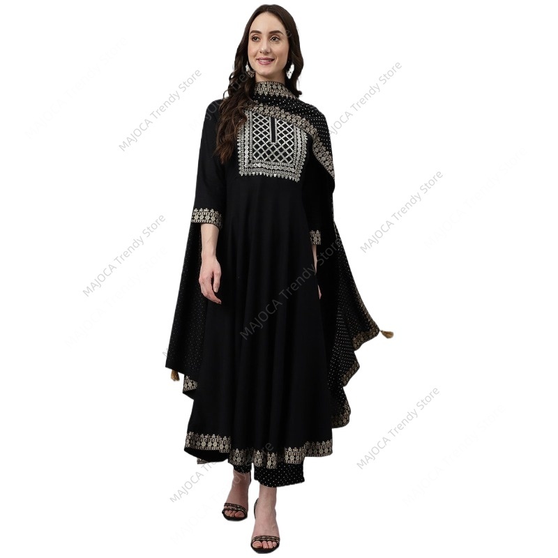 Salwar Kameez Set - ชุดคุर्ตาผ้าเรยอนสีดำสำหรับผู้หญิงอินเดียและปากีสถาน พร้อมผ้าคลุมไหล่ ชุดปักลายชาติพันธุ์ 3 ชิ้น ชุดอนารกาลีแบบดั้งเดิม