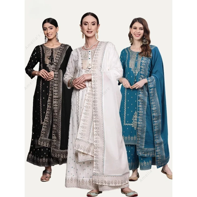 Salwar Kameez Set - ผู้หญิงอินเดียปัญจาบชุด 3 ชิ้นชุดผ้าฝ้ายพิมพ์ดอกไม้ Kurta Dupatta ชาติพันธุ์