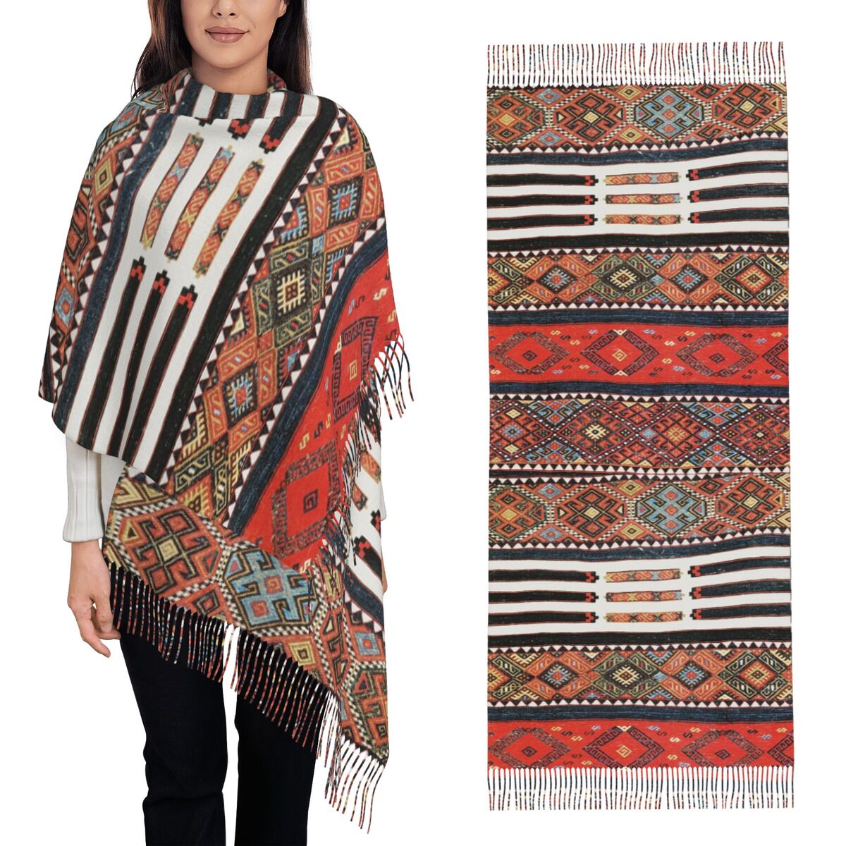 Winter Ethnic Fashion For Women - ผ้าพันคอศิลปะชนเผ่าเคอร์ด ตุรกี กิลิม โบฮีเมียน เปอร์เซีย ผ้าพันคอพู่ห้อยสำหรับผู้หญิง