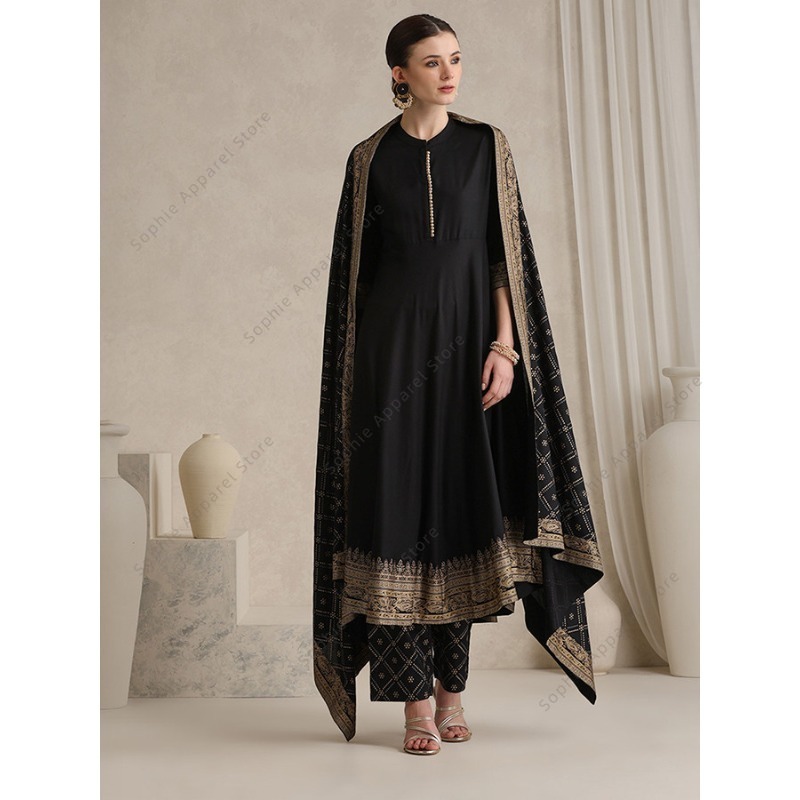 Salwar Kameez Set - ชุดสلوار คามีซ ผ้าฝ้ายสีดำ ดีไซน์หรูหรา พร้อมผ้าคลุมไหล่ สำหรับผู้หญิง