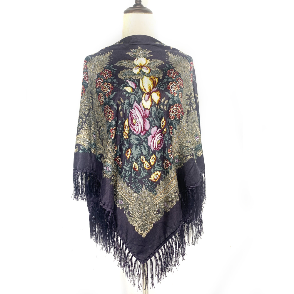 Winter Ethnic Fashion For Women - 130*130 ซม.สไตล์ชาติพันธุ์รัสเซียผ้าพันคอผู้หญิงหรูหราดอกไม้พิมพ์ยูเครน Fringed Shawl Babushka ผ้าพันคอหัว