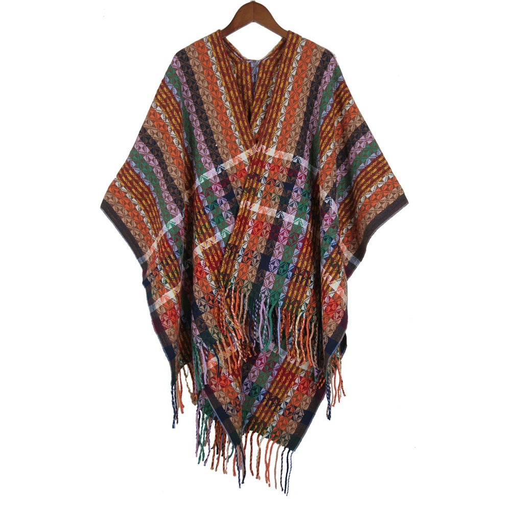 Winter Ethnic Fashion For Women - เสื้อคลุมสไตล์โบฮีเมียนแบบมองโกลี ลายไล่เฉดสี ลายทางแบบชาติพันธุ์ พร้อมพู่ตกแต่ง ผ้าคลุมไหล่ถักสำหรับผู้หญิง ช่วยให้รู้สึกอบอุ่นในฤดูหนาว