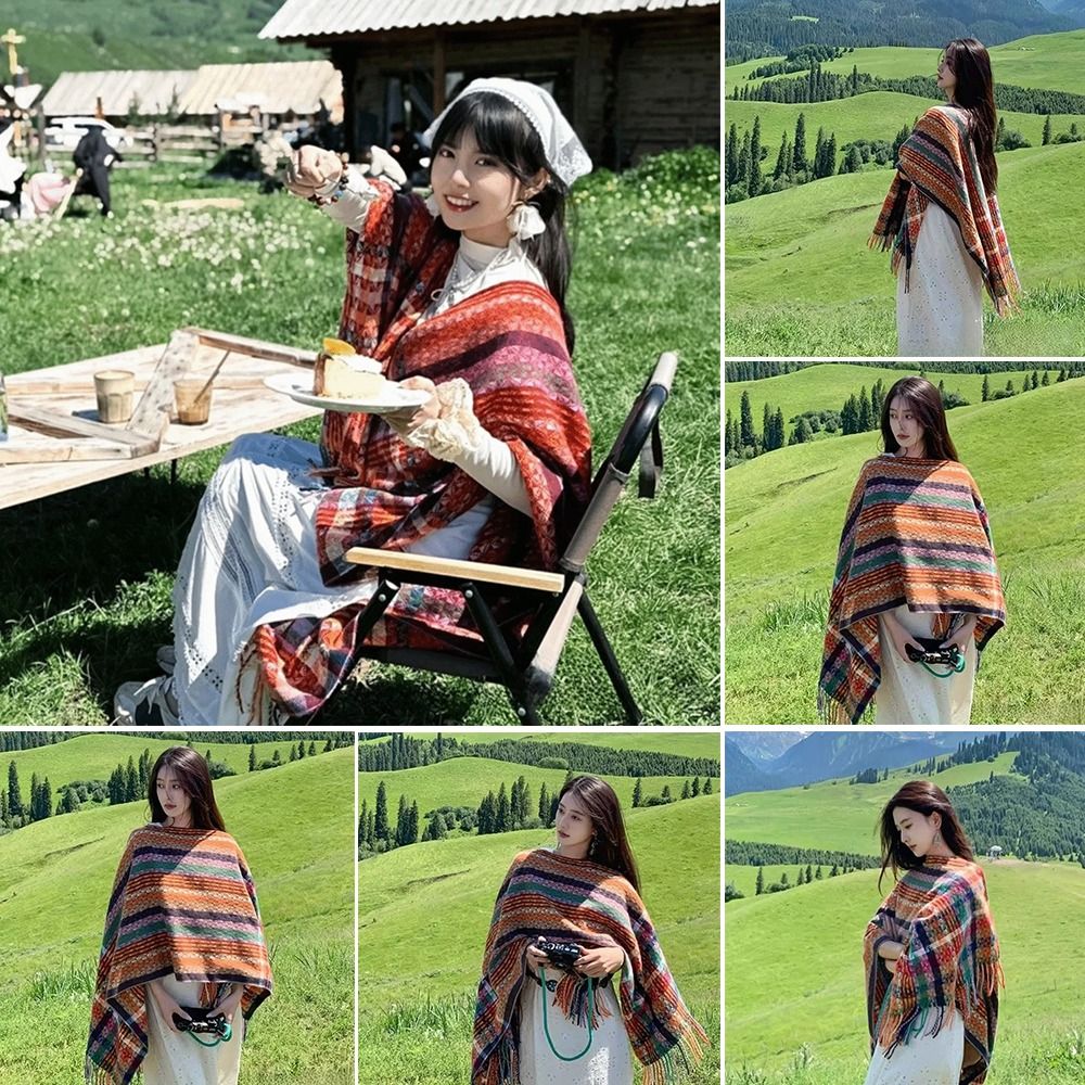 Winter Ethnic Fashion For Women - เสื้อคลุมสไตล์โบฮีเมียนมองโกลี ลายไล่เฉดสี สไตล์ชาติพันธุ์ ผ้าถัก ให้ความอบอุ่นในฤดูหนาว เสื้อคลุมถักสำหรับผู้หญิง