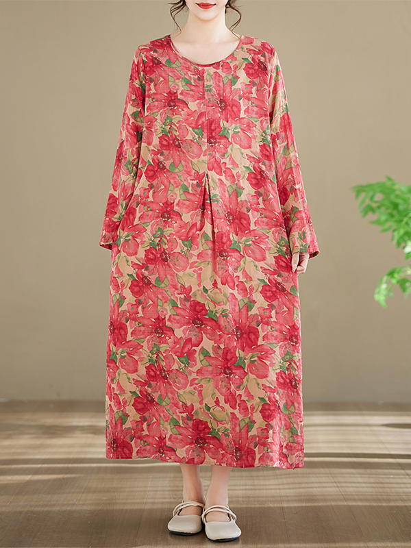 เดรสผ้าฝ้ายพิมพ์ลายแขนยาว คอกล - Ethnic Fashion Walk บทวิจารณ์และราคา